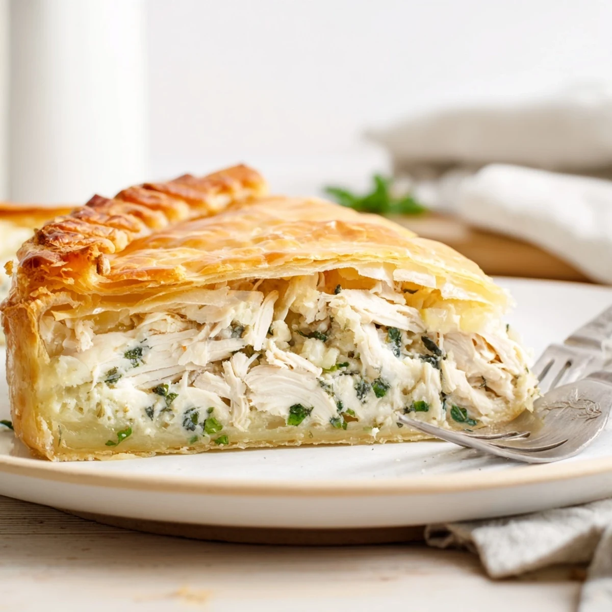 Homemade chicken ricotta and herb pie fresh from oven with golden brown baked crust