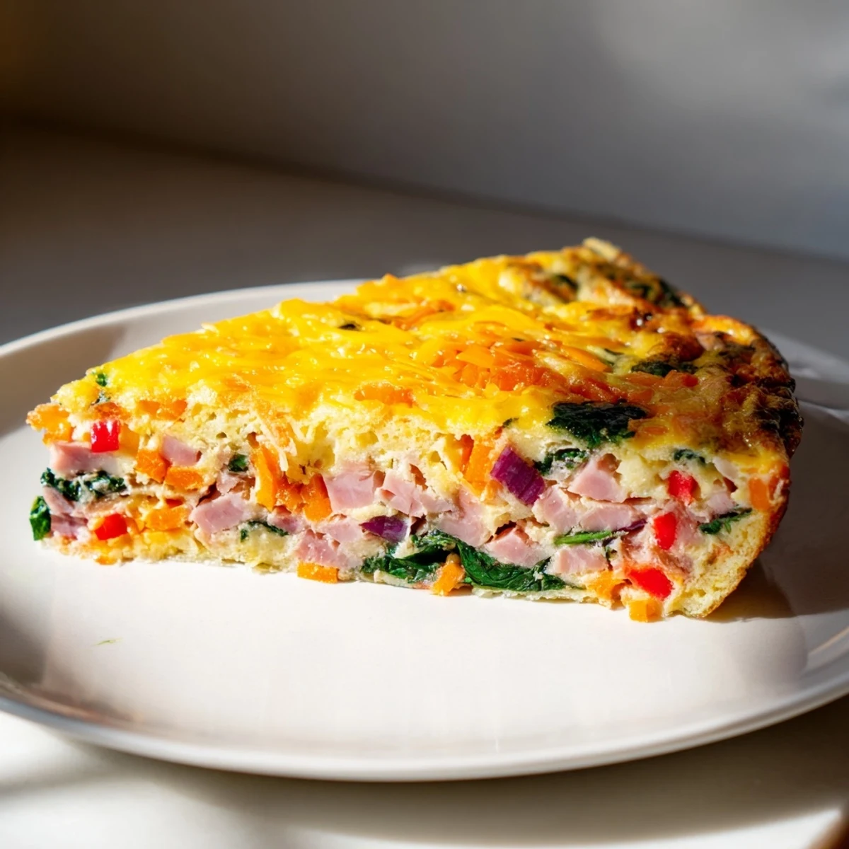 Golden vegetable and ham slice fresh from the oven with flecks of colorful diced vegetables throughout