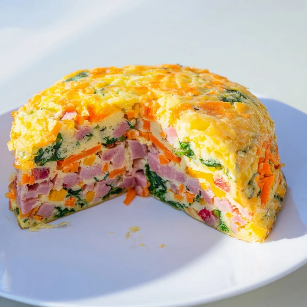 Savory vegetable and ham slice served on a white plate alongside a crisp green salad
