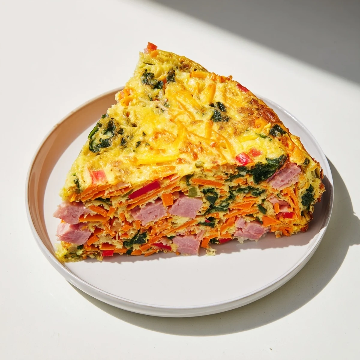 Close-up of moist vegetable and ham slice showing grated zucchini, carrot, and melted cheddar cheese inside