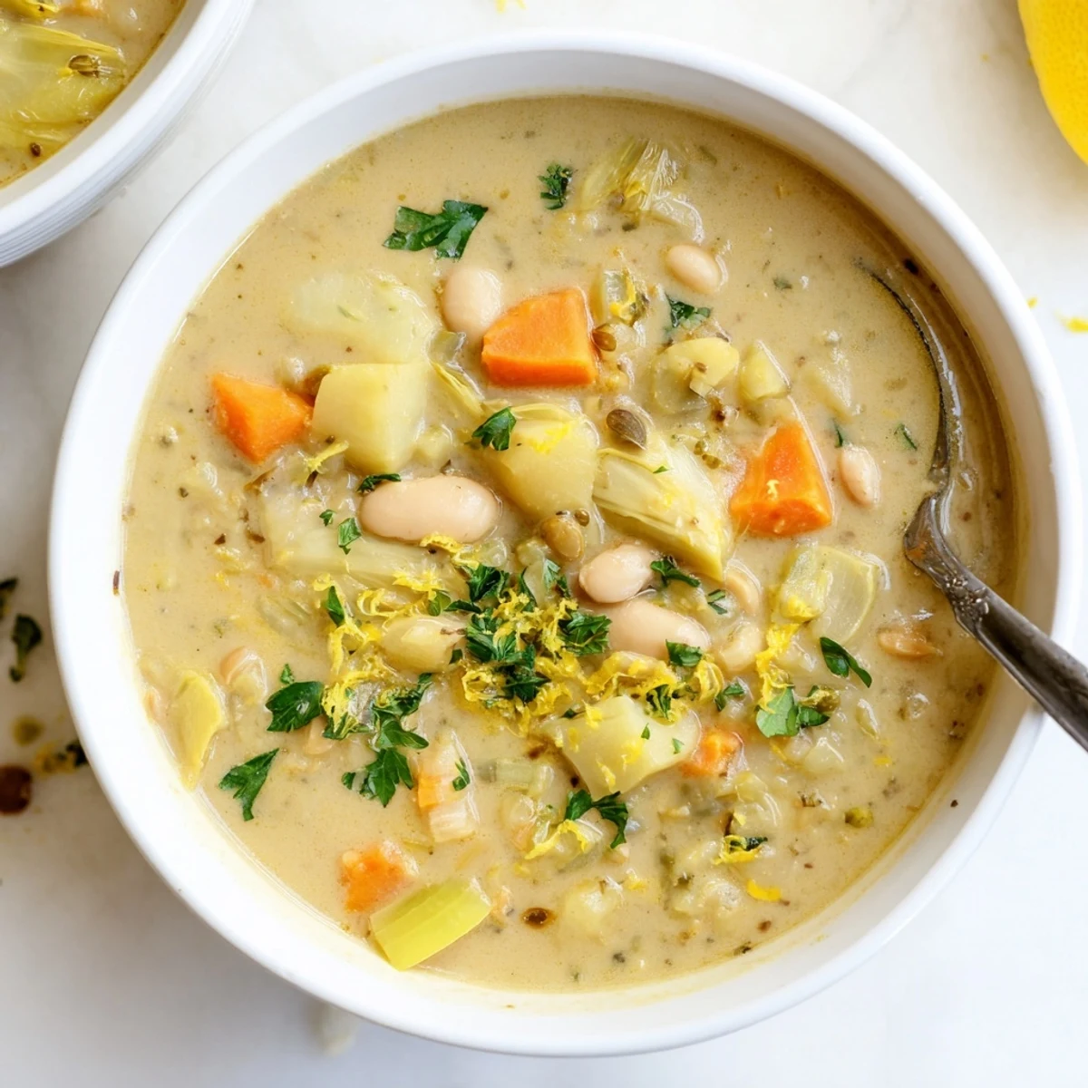 Golden bowl of vegetarian Lemony Tuscan Artichoke Soup featuring tender artichokes and white cannellini beans