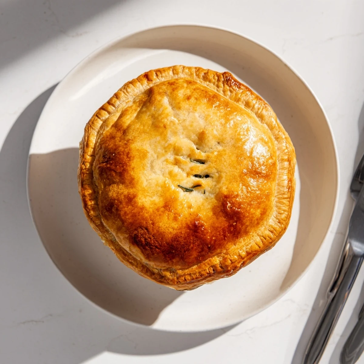 Sliced savory pie revealing tender chicken filling with creamy ricotta and fresh green herbs