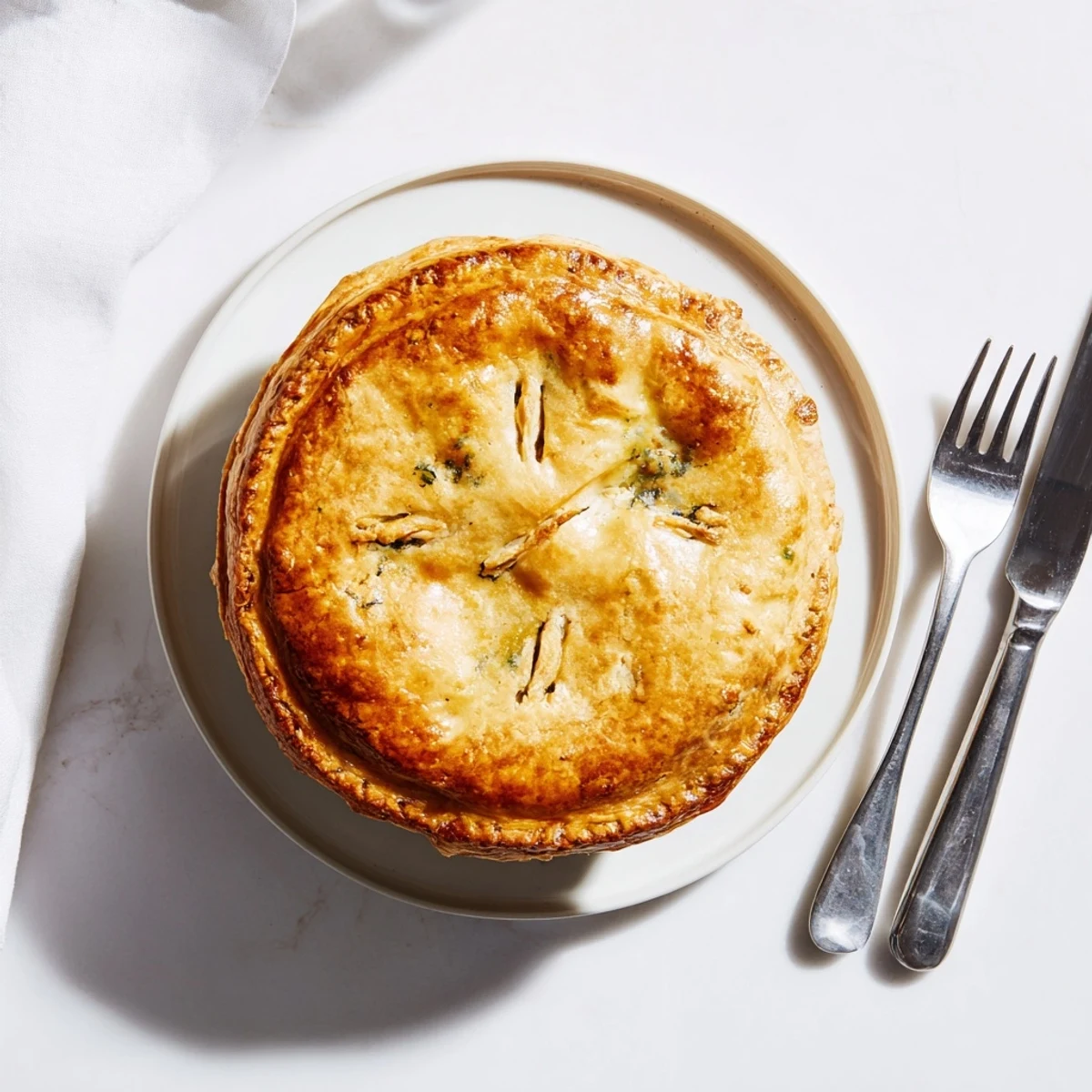 Golden rustic chicken ricotta and herb pie with flaky pastry crust on serving board