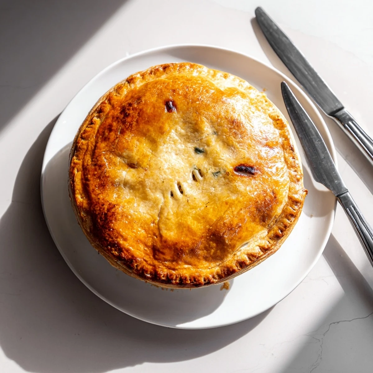 Freshly baked chicken ricotta and herb pie with golden brown puff pastry and steam rising