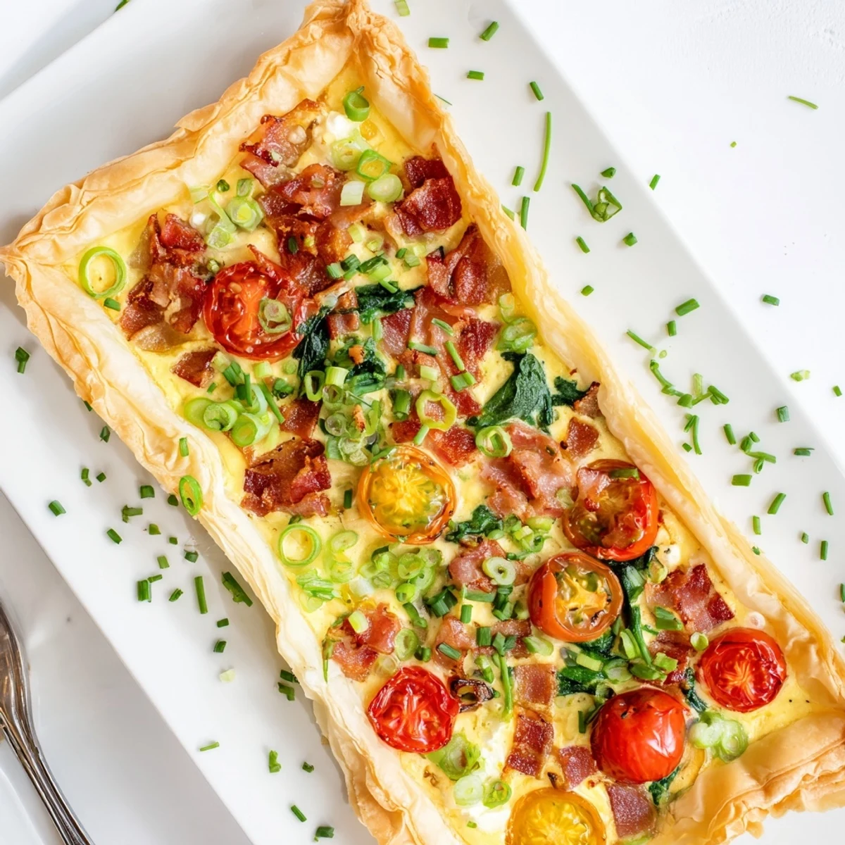 Golden family breakfast tart with flaky pastry, bacon, eggs, and colorful vegetables