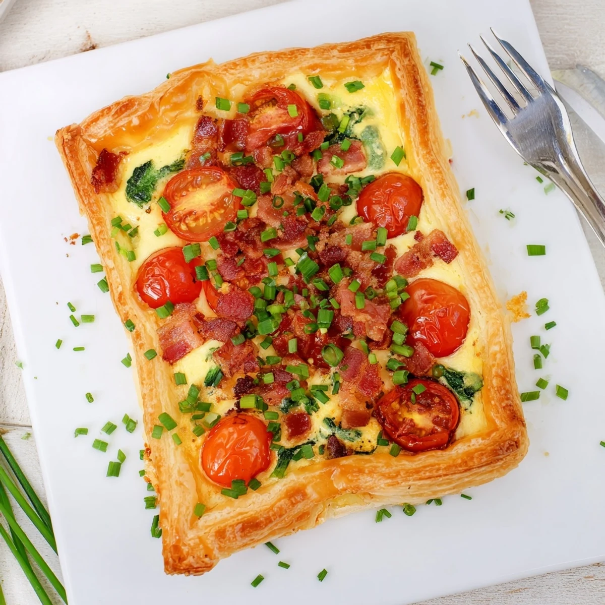Savory family breakfast tart featuring crispy bacon, fresh tomatoes, and creamy egg filling