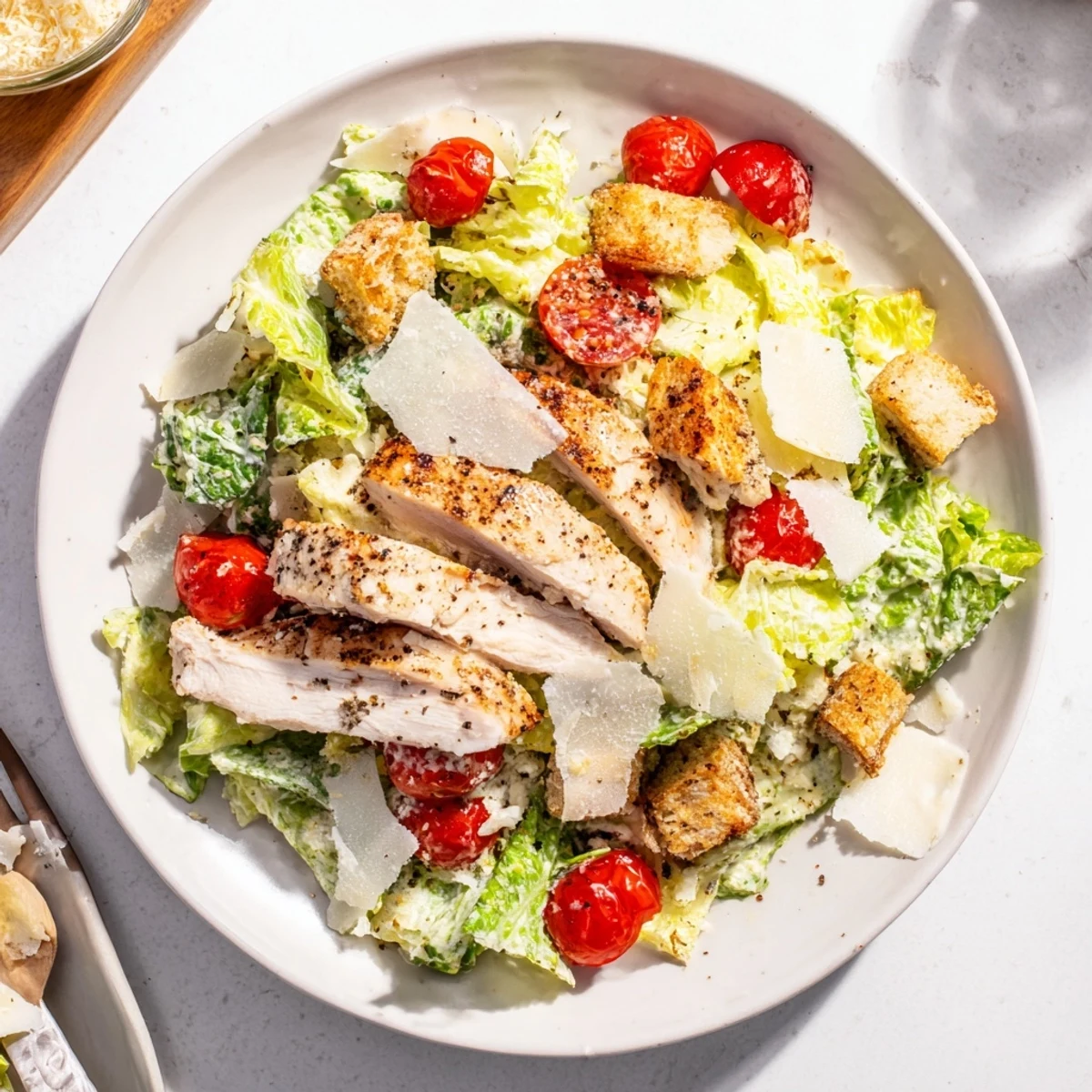 Golden grilled chicken slices atop crisp romaine lettuce with croutons and creamy Caesar dressing in this best chicken Caesar salad