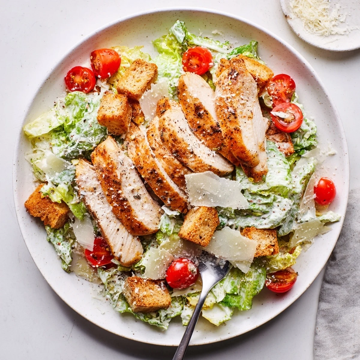 Fresh best chicken Caesar salad bowl featuring juicy seasoned chicken breast, crunchy croutons, shaved Parmesan cheese, and homemade dressing