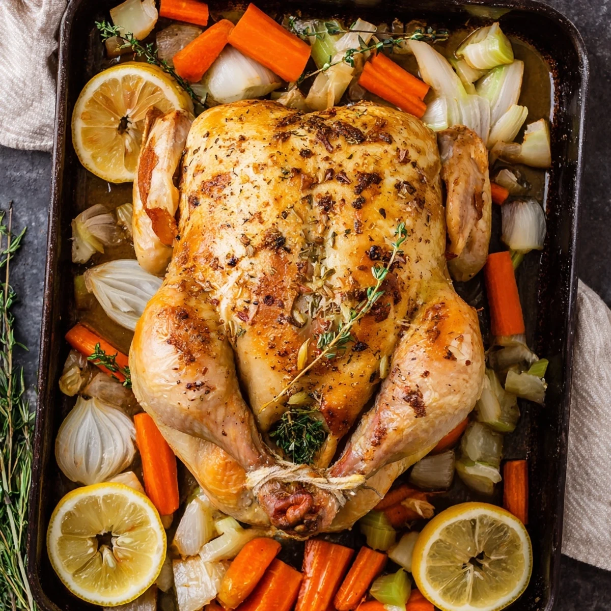 Mediterranean roast garlic and lemon chicken displayed with tender meat and caramelized roasted onions carrots and celery