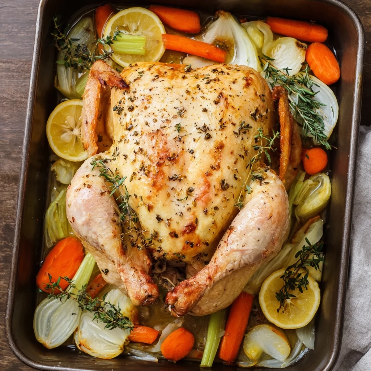 Golden whole roast garlic and lemon chicken with crispy bronzed skin resting on a bed of roasted vegetables