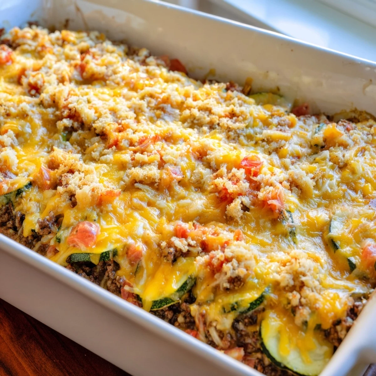 Golden baked cheesy beef zucchini casserole with bubbling cheddar topping and fresh green zucchini rounds