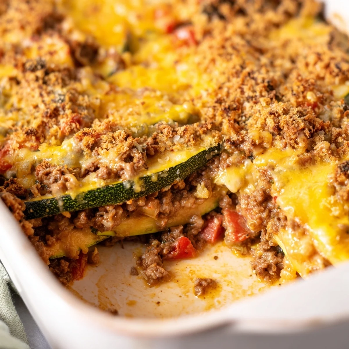 Hearty ground beef and zucchini casserole layered with melted cheese and crispy breadcrumb topping fresh from the oven