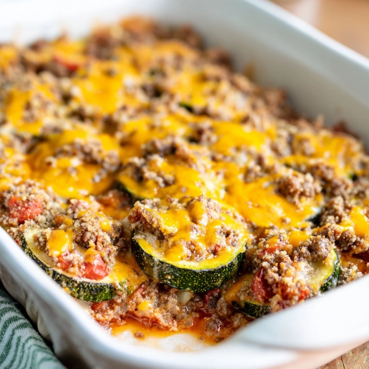 Comforting cheesy beef zucchini casserole served warm with golden brown crust and tender layered vegetables