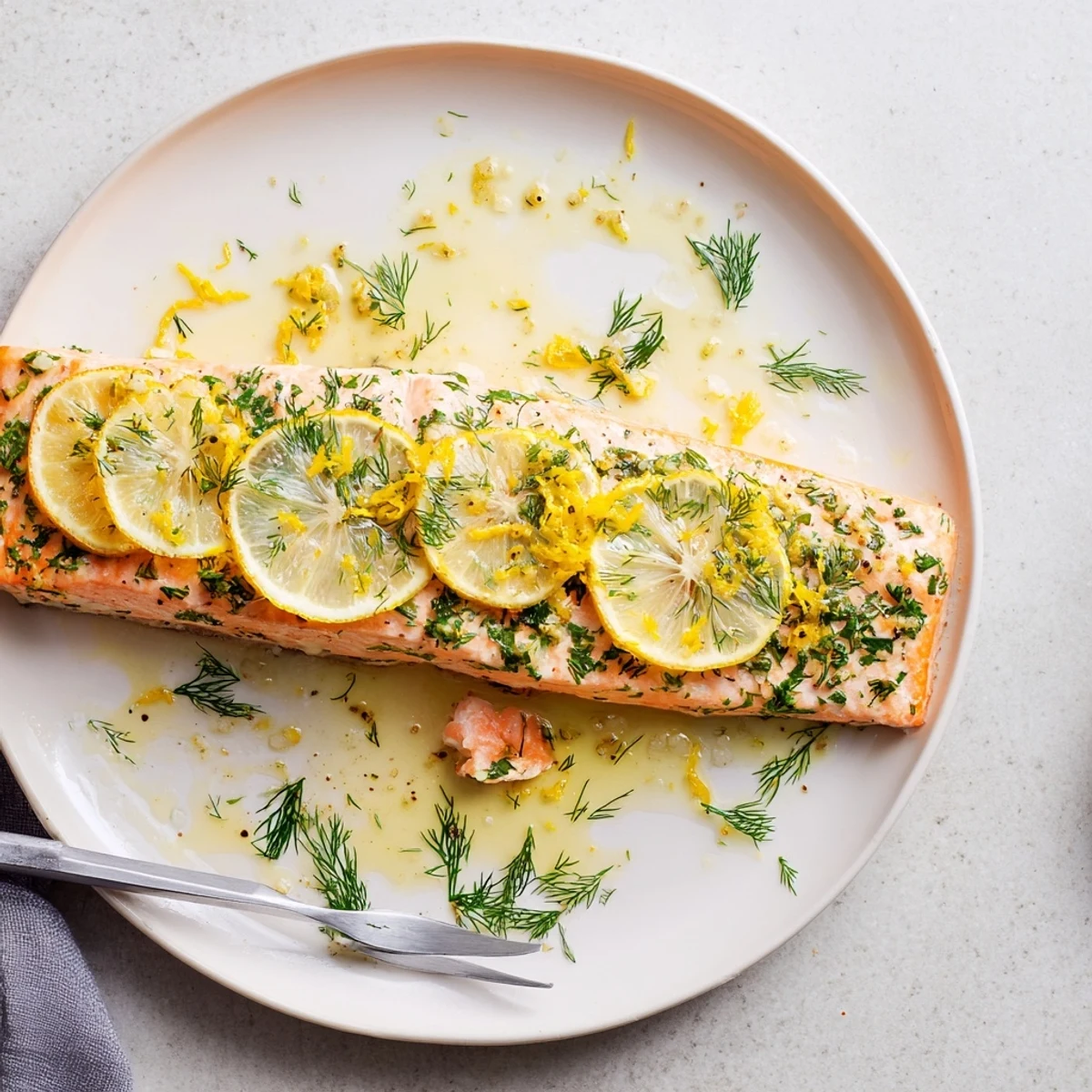 Golden baked dill and lemon salmon fillet garnished with fresh herbs and lemon slices on a white plate