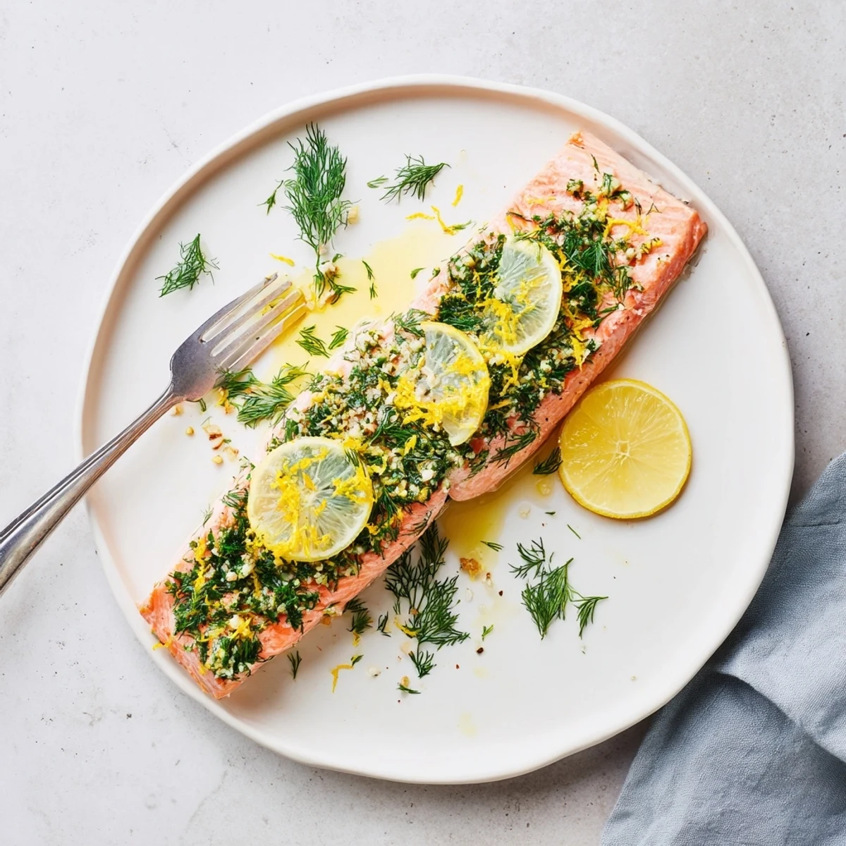Flaky pink salmon roasted with bright dill and citrusy lemon seasoning for a healthy dinner entree