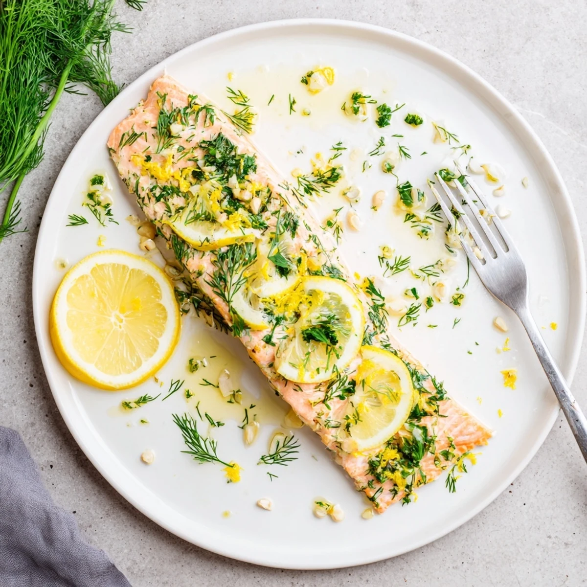 Fresh herb crusted salmon fillet baked to perfection with zesty lemon and aromatic dill sprinkled on top