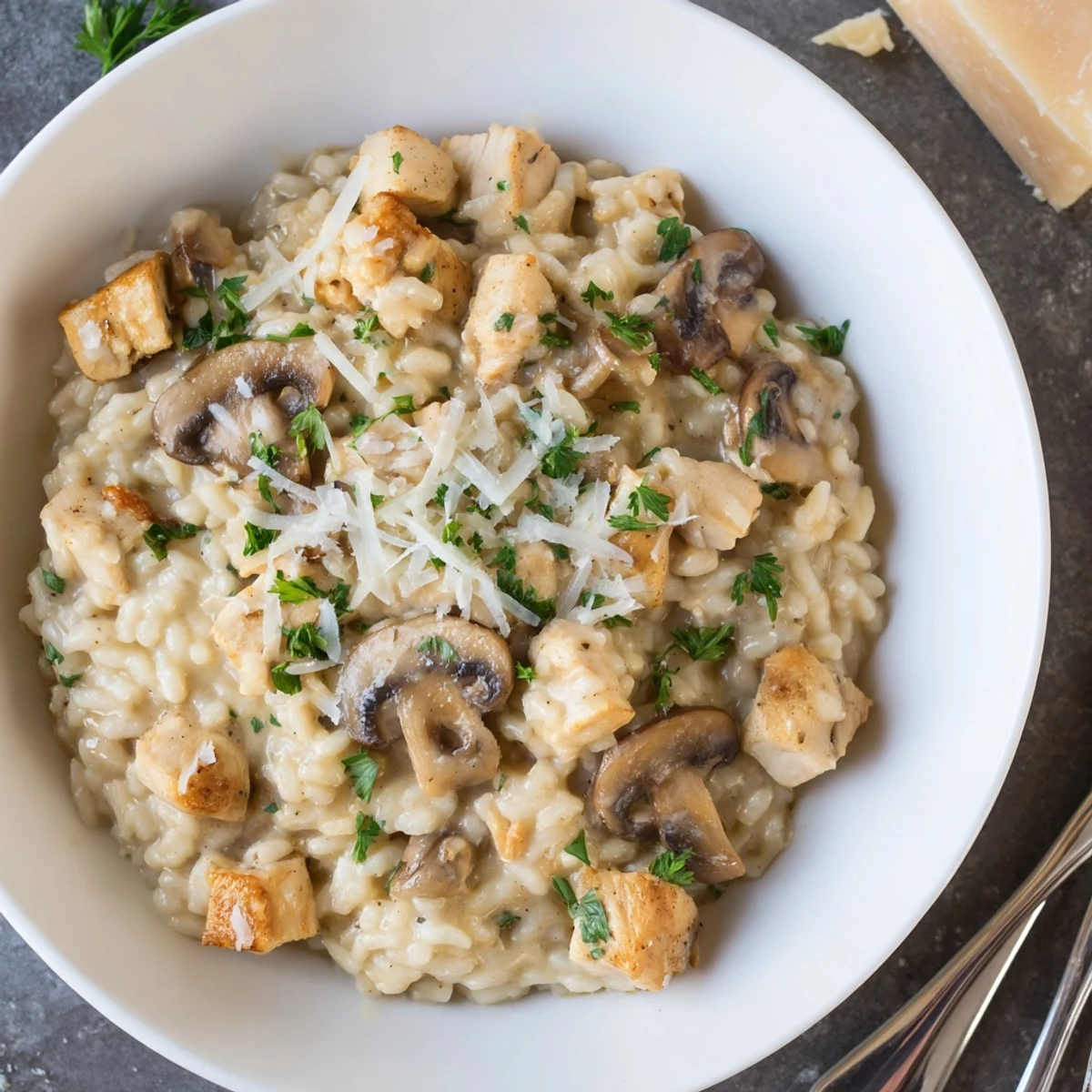 Golden chicken pieces nestled in Arborio rice with earthy mushrooms and aromatic thyme in a rustic Dutch oven