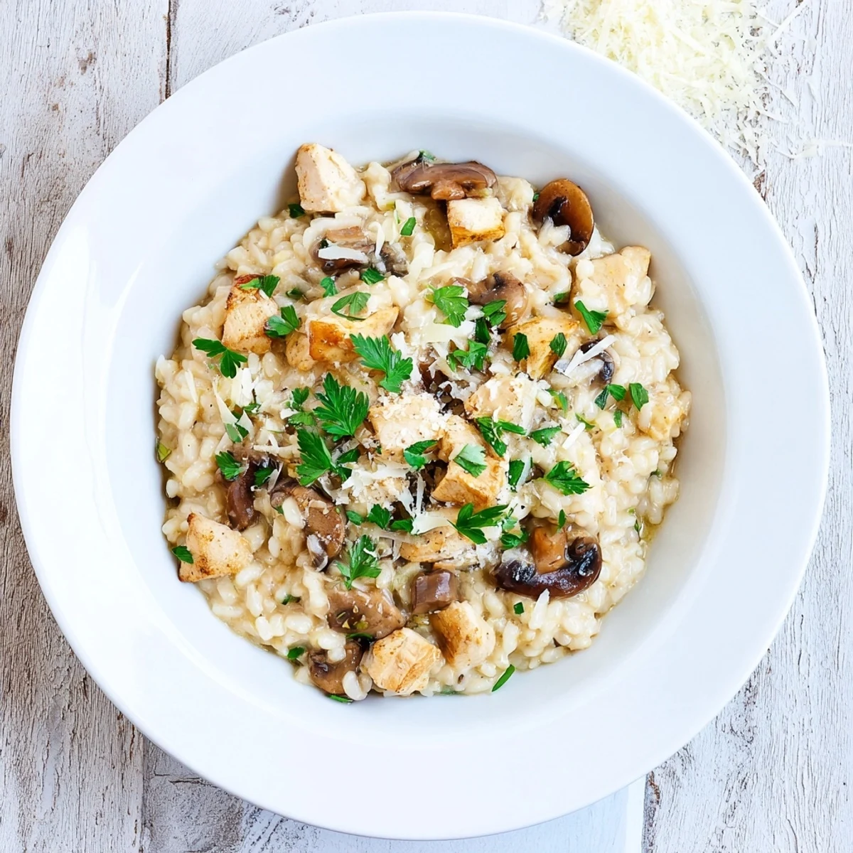 Creamy chicken and mushroom baked risotto topped with fresh parsley and grated Parmesan cheese