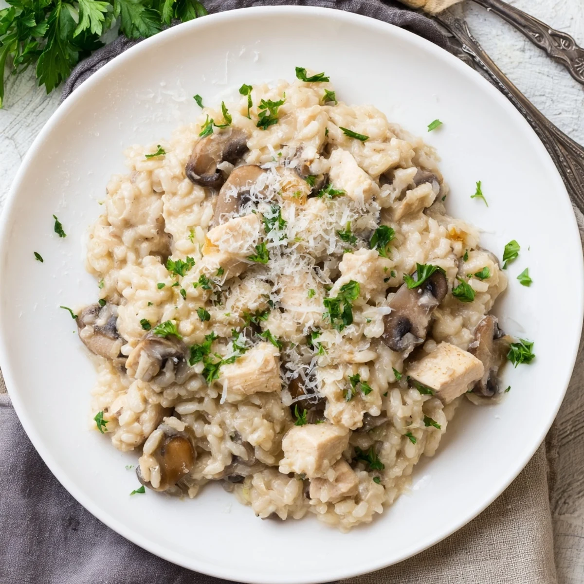 Oven-baked Italian risotto featuring tender diced chicken, sliced cremini mushrooms, and melted butter serving