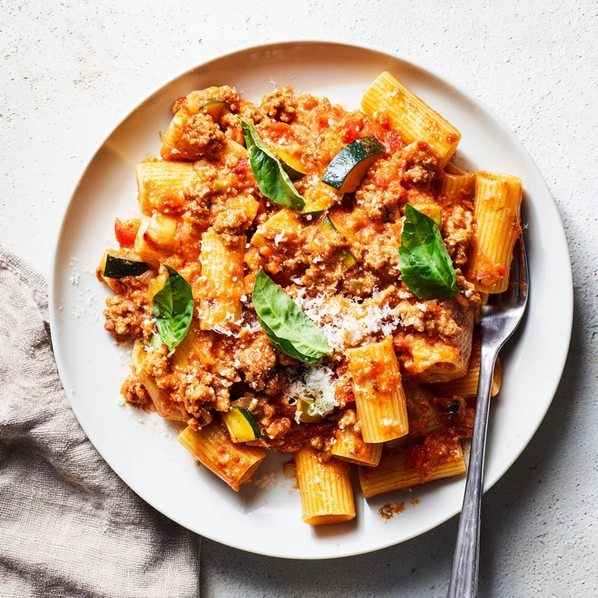 Steam rises from a creamy one pot sausage pasta with tender penne in rich tomato sauce