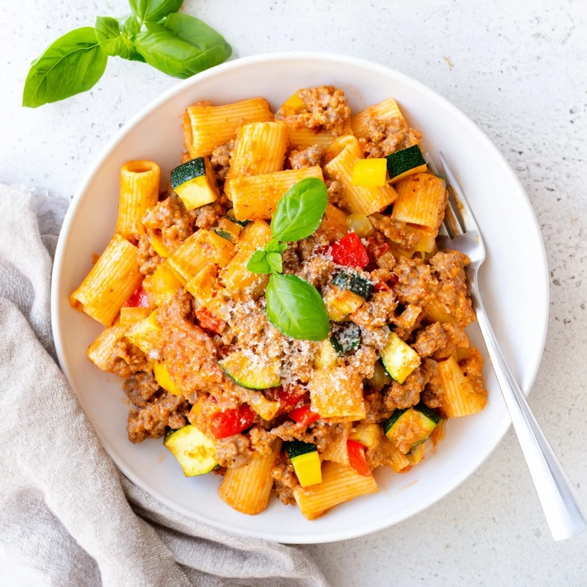 Comforting one pot sausage pasta featuring vegetables and melted Parmesan in a single skillet