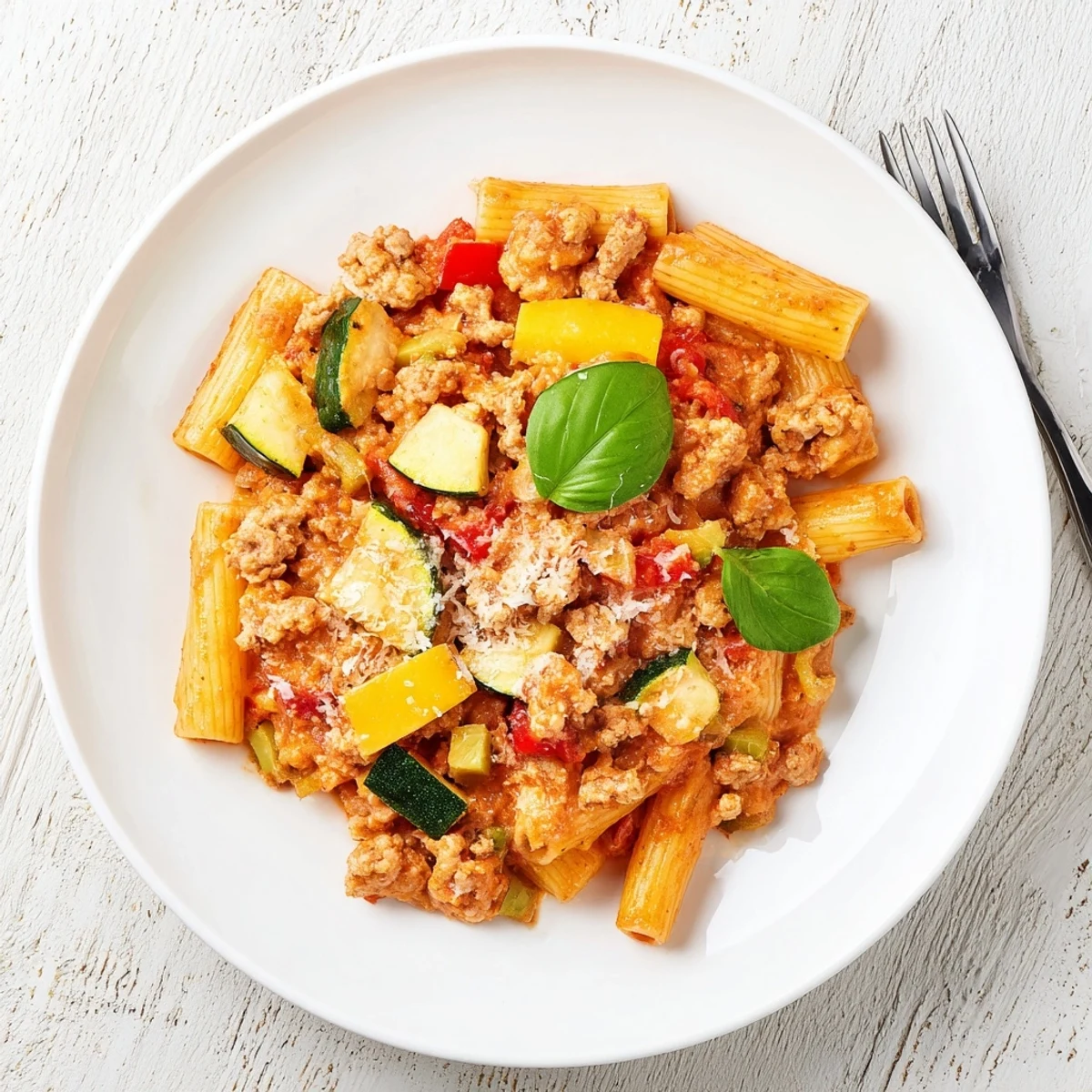 Golden Italian sausage crumbled over al dente pasta swimming in savory red tomato basil sauce