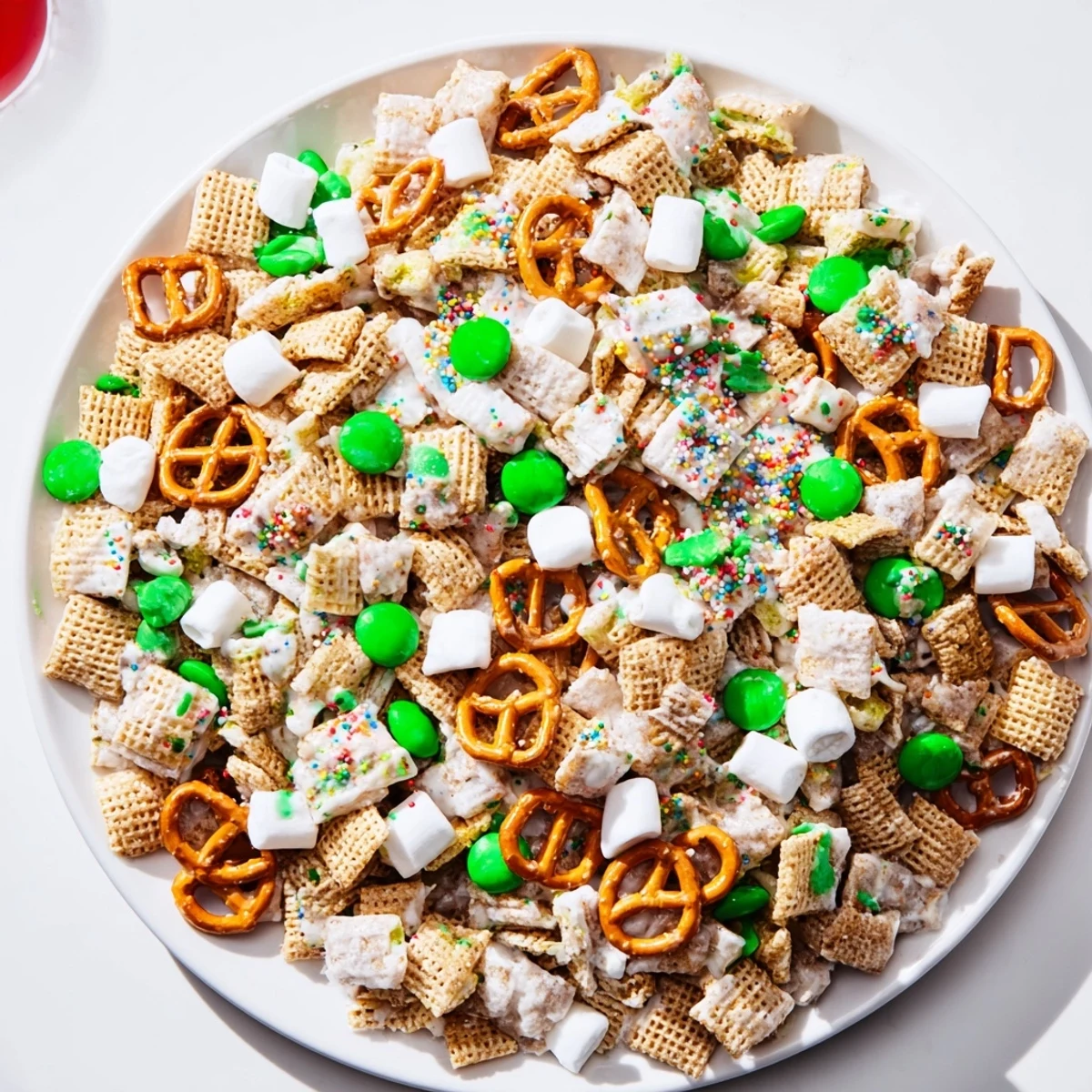 Colorful Leprechaun Bait snack mix with green candies, marshmallows, and white chocolate coating