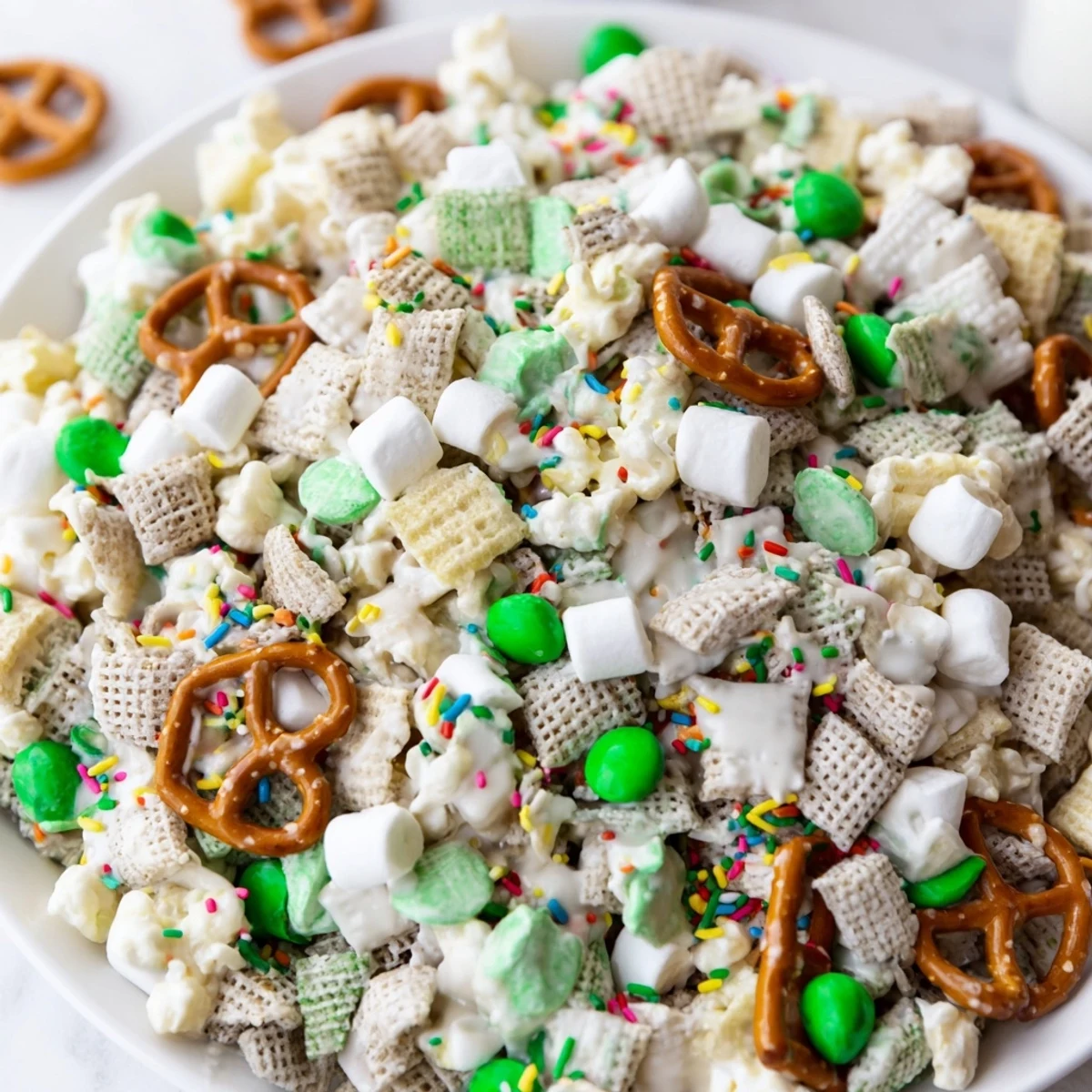 Sweet and salty Leprechaun Bait scattered on parchment with rainbow sprinkles