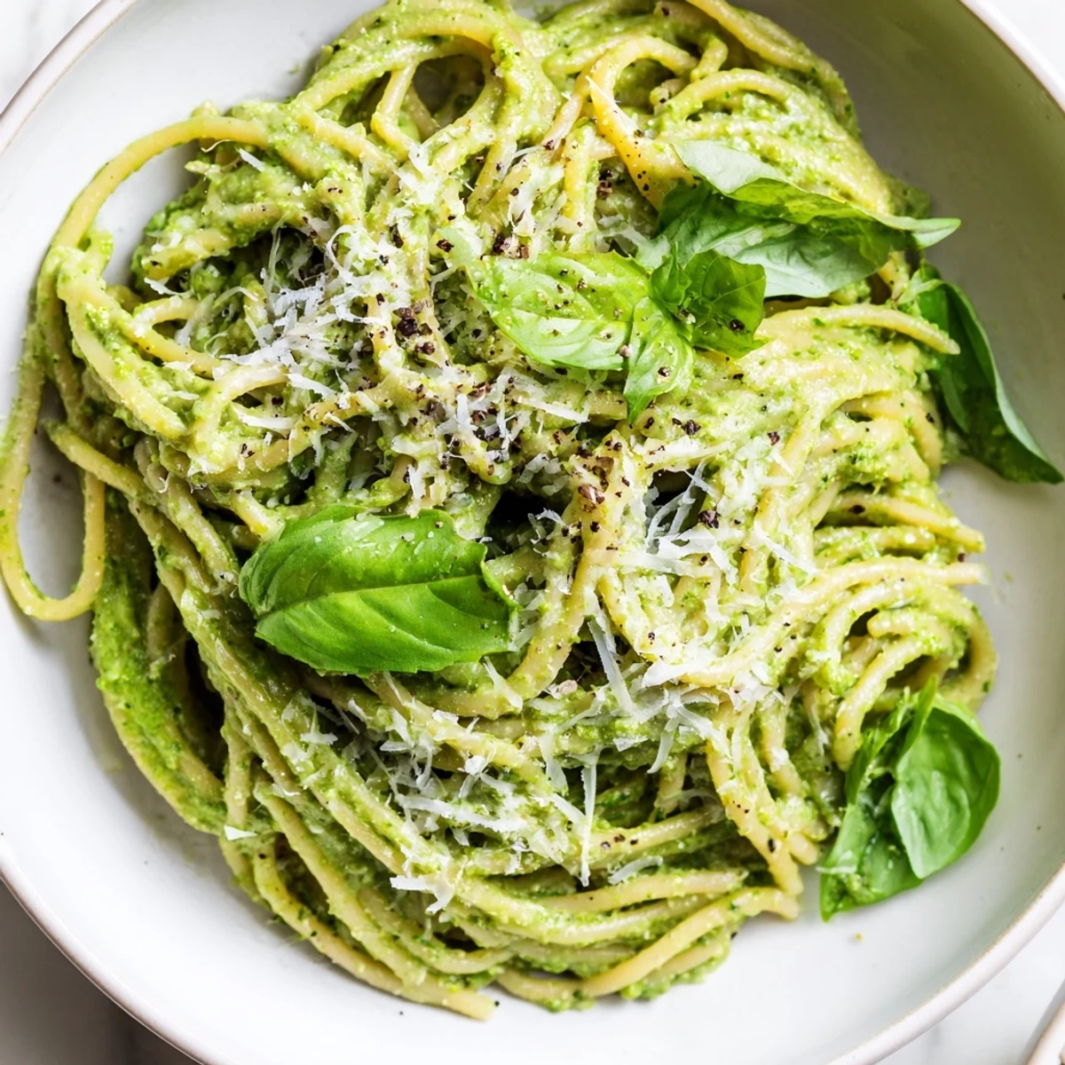 Close-up of avocado spinach and basil pesto pasta dish sprinkled with cracked pepper