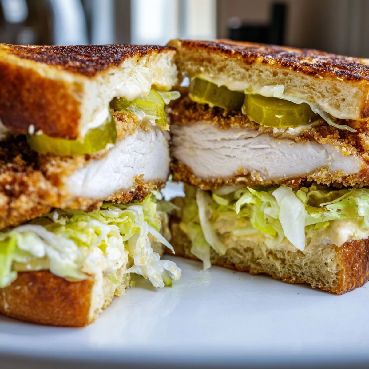 Juicy fried chicken breast sandwich featuring crisp toppings and creamy sauce on a warm toasted bun