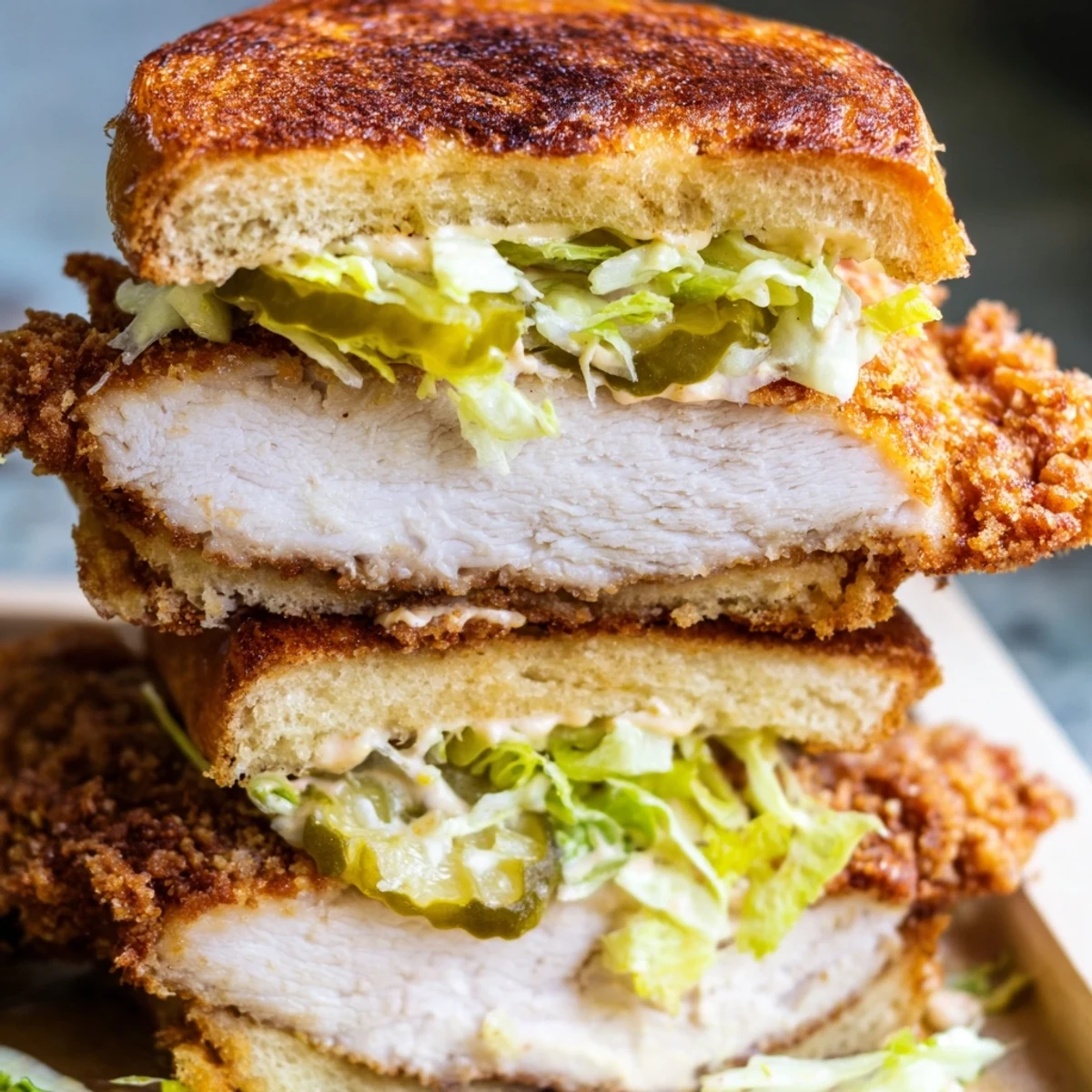 Golden brown crispy chicken burger stacked on toasted brioche with fresh lettuce and tangy pickles