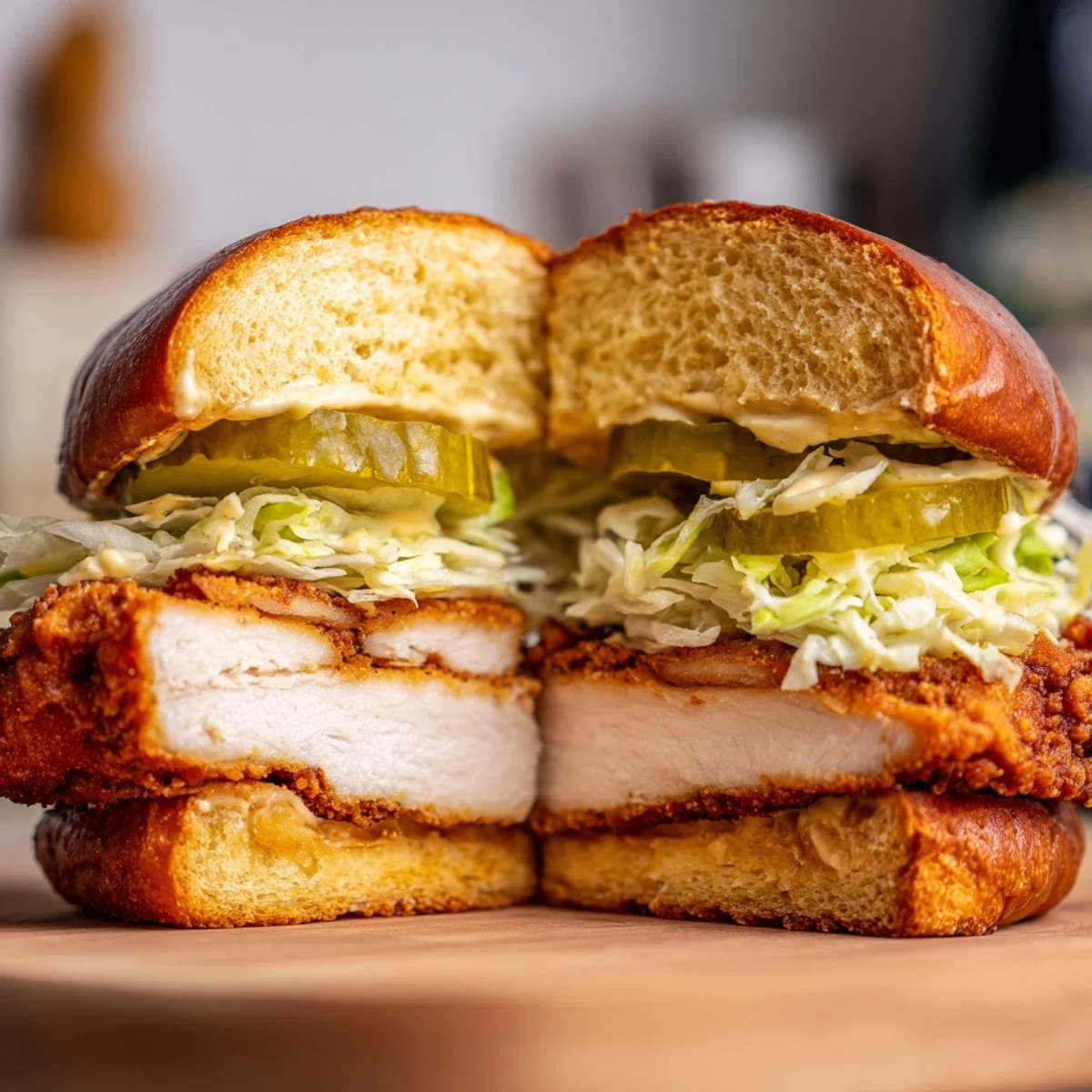 Homemade crispy chicken burger with golden fried chicken, shredded lettuce, and dill pickles on brioche bun