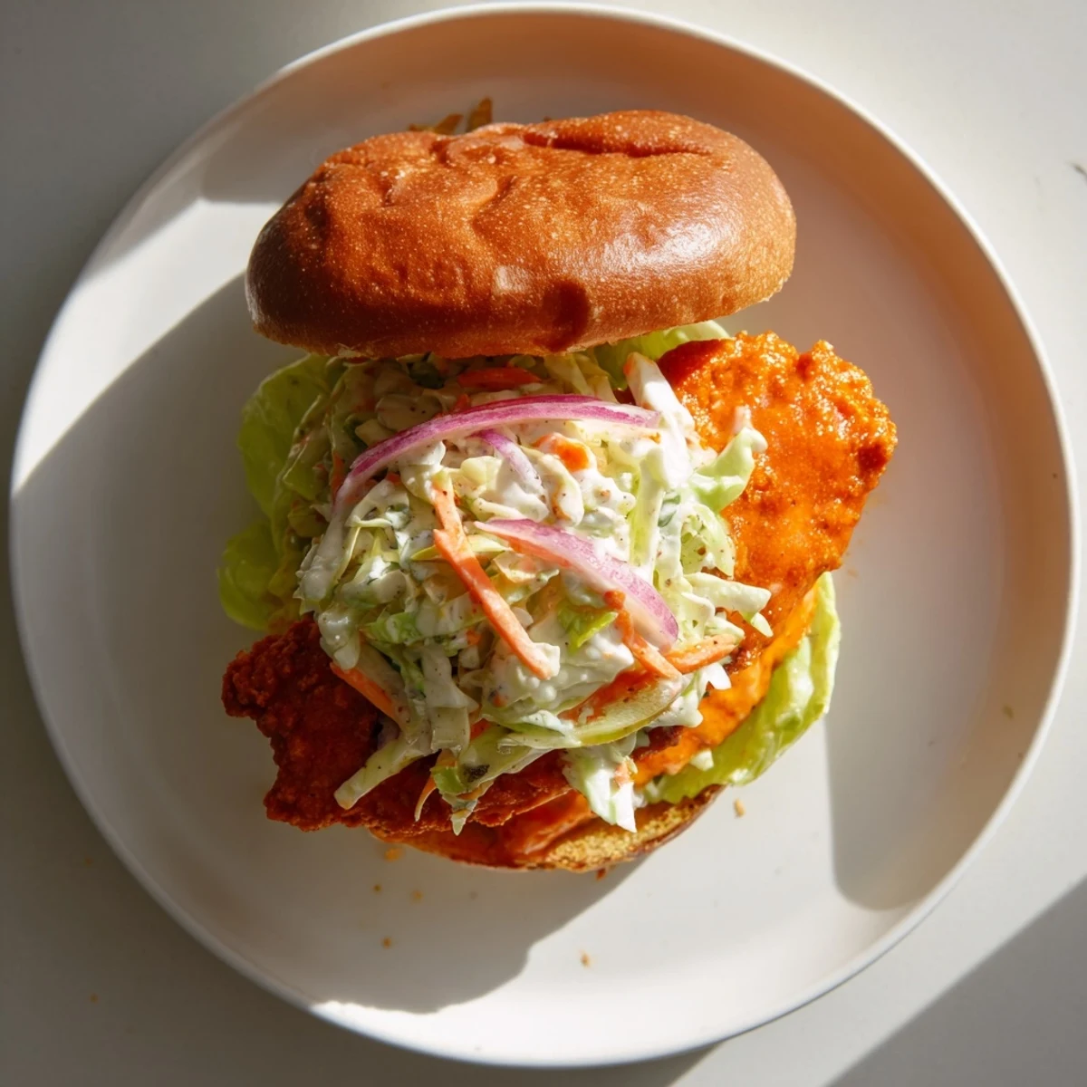 Golden crispy buffalo chicken sandwich layered with cool ranch slaw on toasted brioche bun