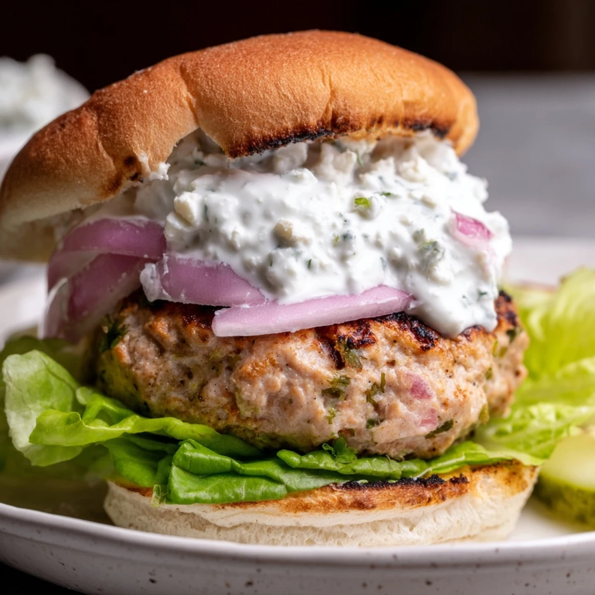 Golden brown Greek chicken burgers topped with creamy tzatziki sauce and fresh vegetables in a toasted bun
