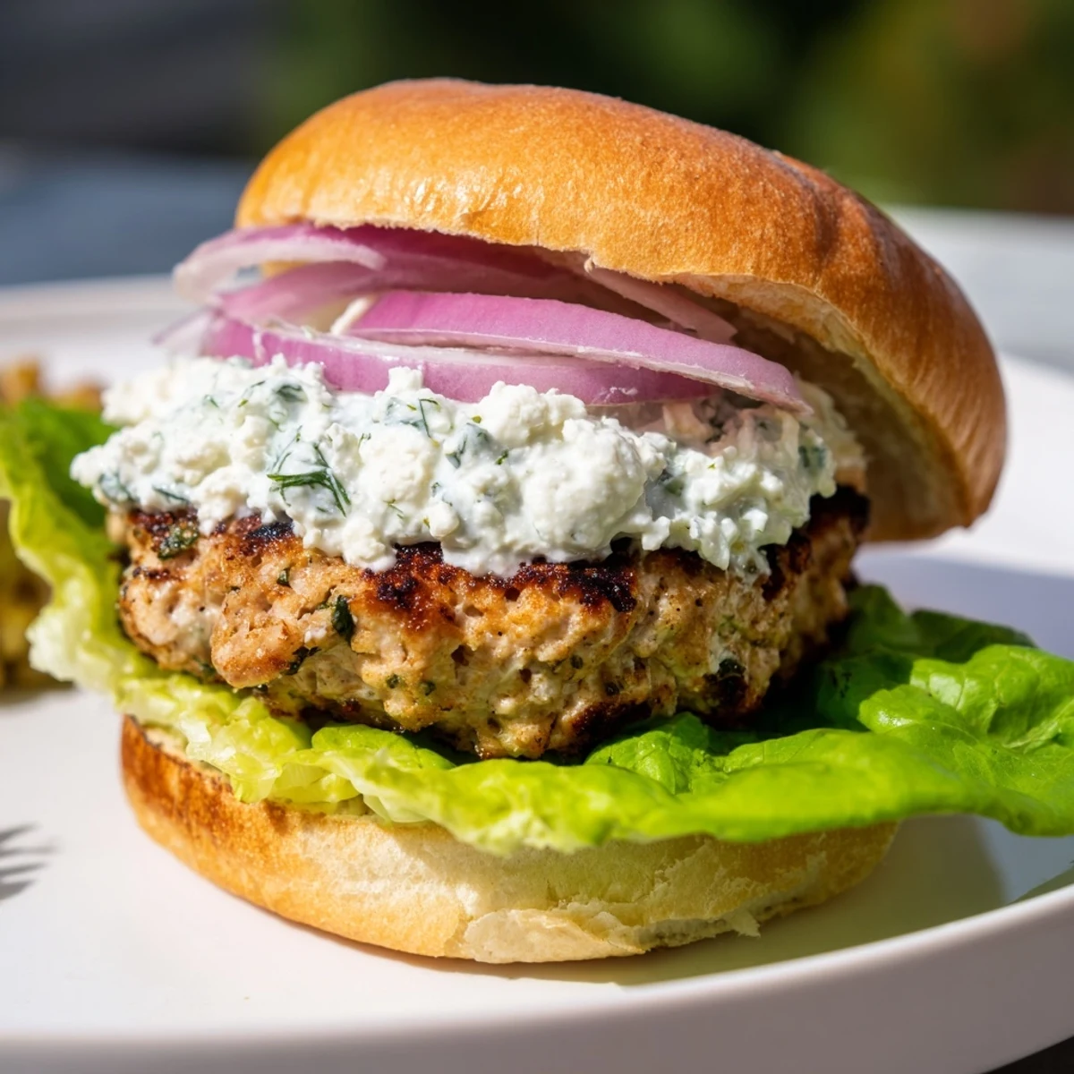 Homemade Greek chicken burgers overflowing with cucumber yogurt sauce, tomato slices, and red onion on sesame buns