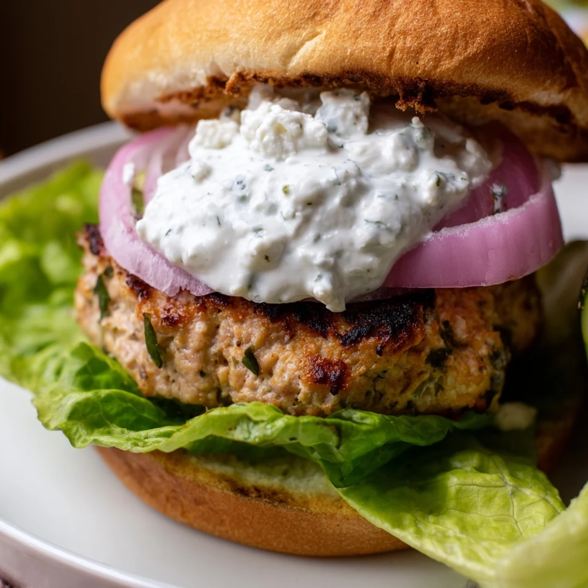 Succulent grilled chicken patties seasoned with Mediterranean herbs and feta, layered with tangy tzatziki and crisp lettuce