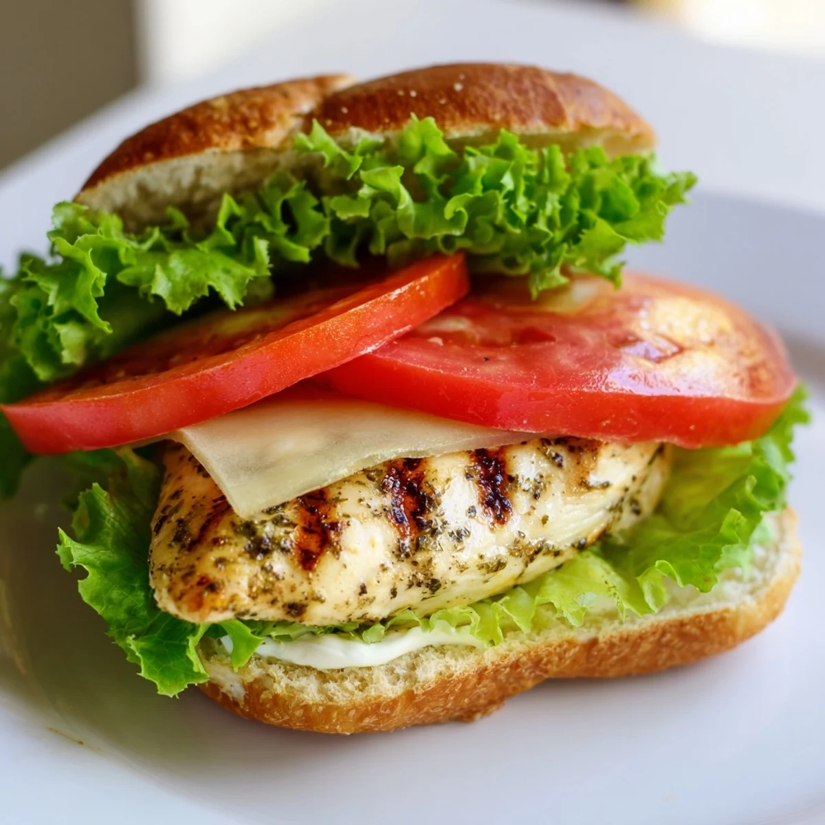 Golden grilled garlic chicken sandwich layered with crisp lettuce and juicy tomato slices on toasted bun