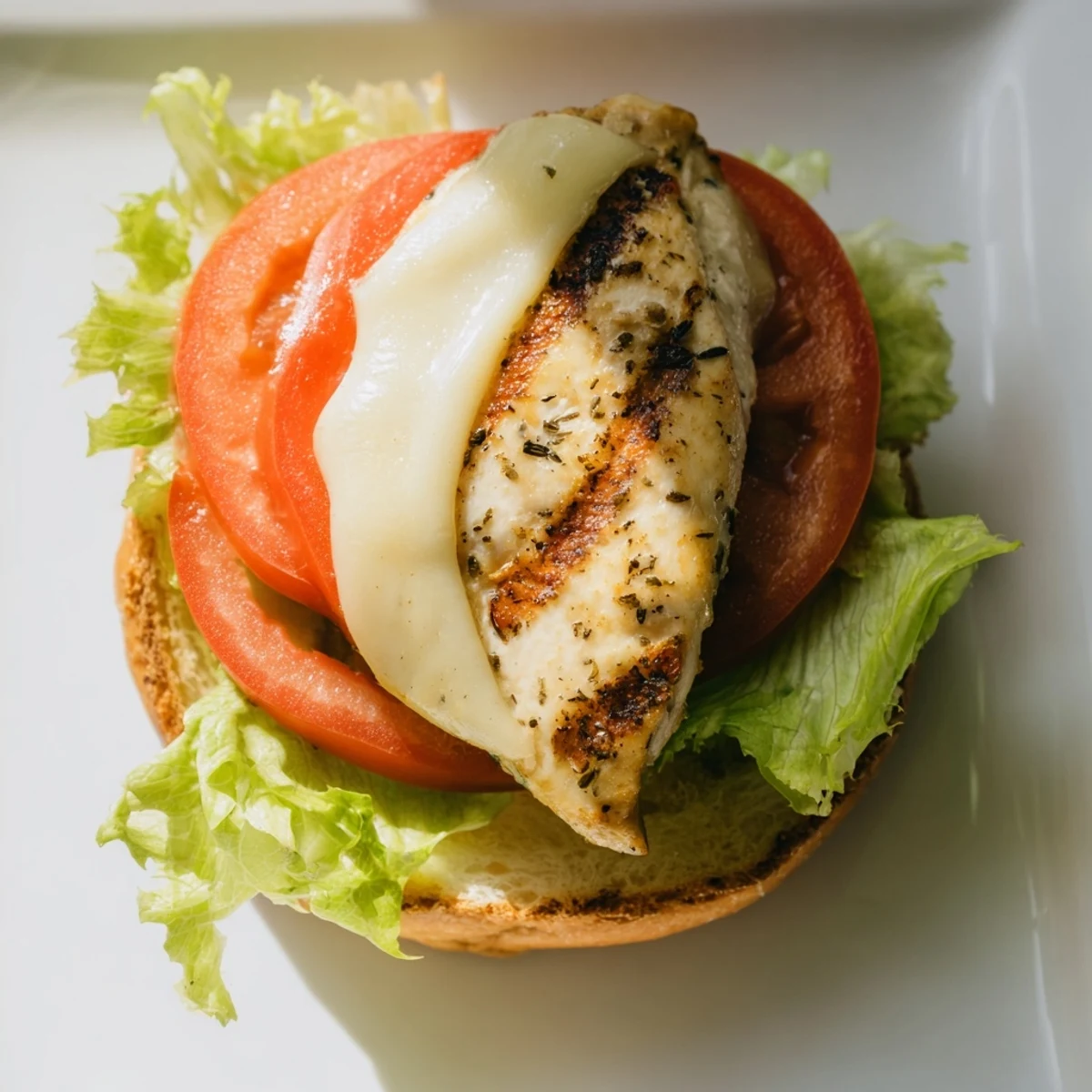 Homemade garlic chicken sandwich featuring creamy garlic mayo spread and melted provolone on warm ciabatta roll