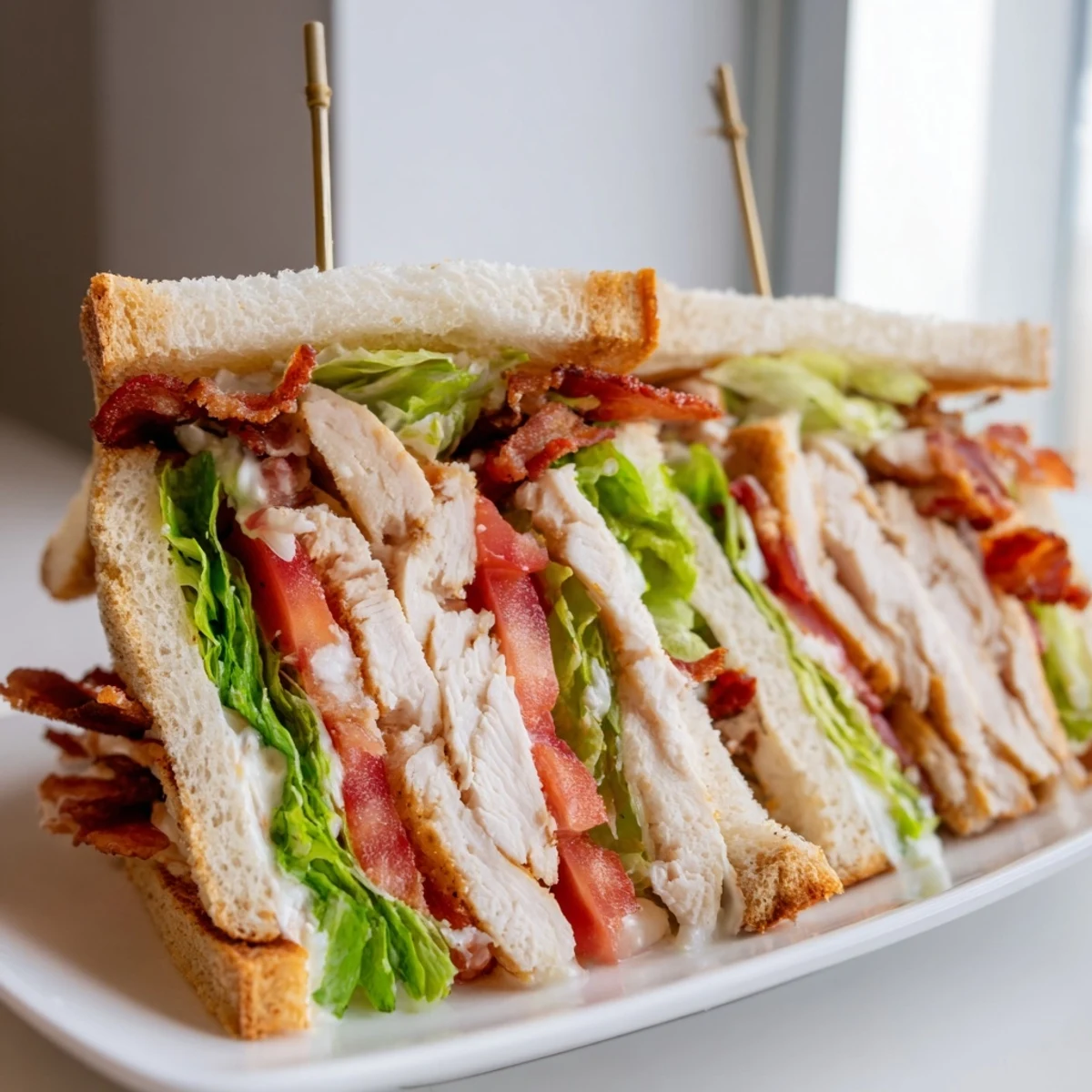 Triple-decker chicken club sandwiches stacked with crispy bacon lettuce tomato and creamy mayonnaise on golden toasted bread