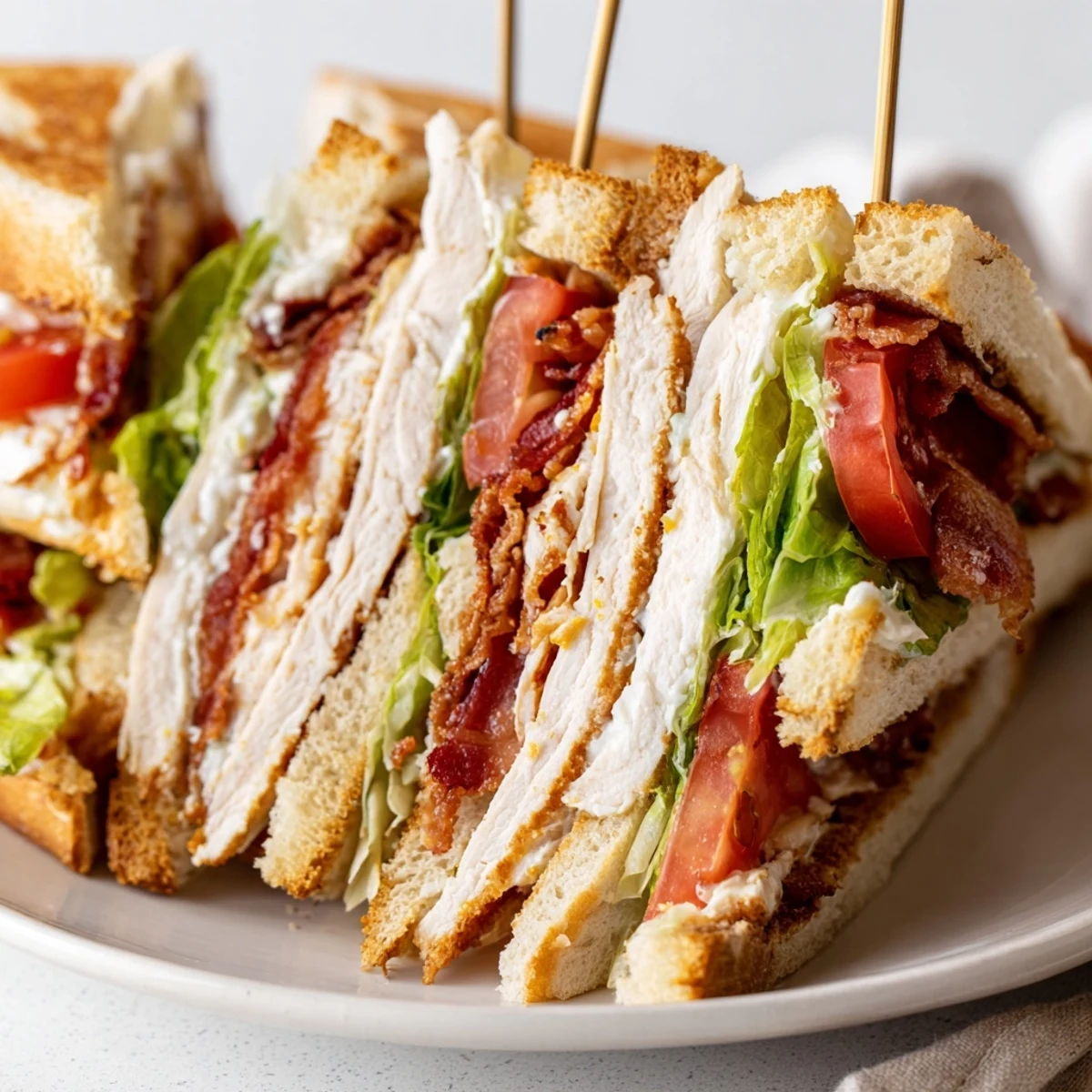 Sliced chicken club sandwiches revealing layers of savory bacon fresh vegetables and condiments between three slices of toasted bread