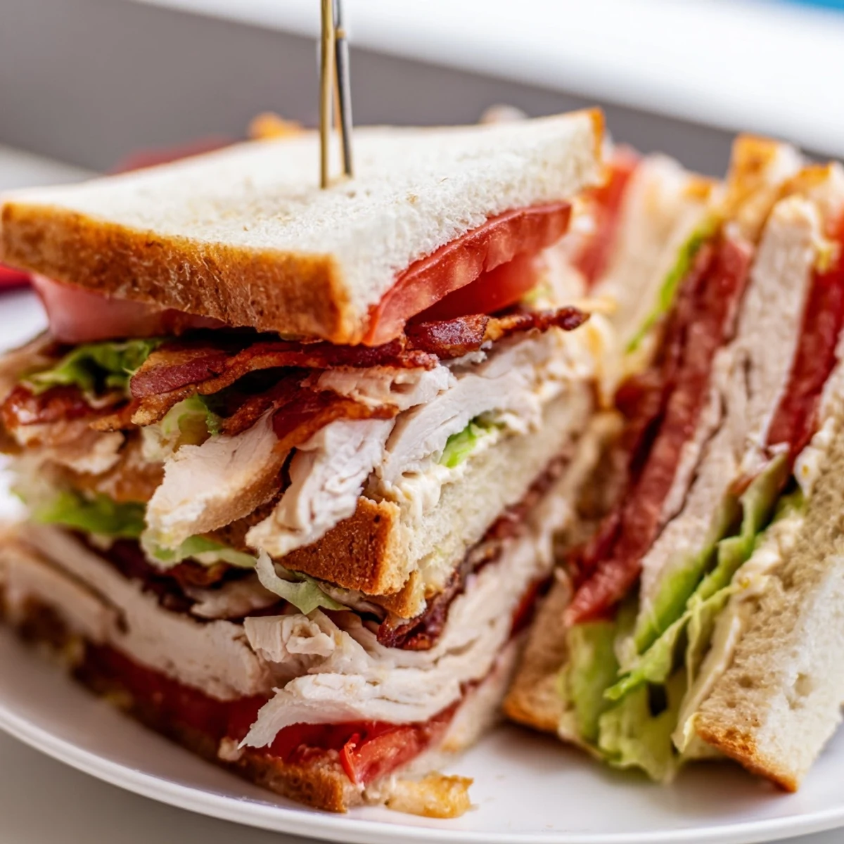 Diagonally cut chicken club sandwich featuring tender chicken crispy bacon juicy tomatoes and crisp romaine on buttery toasted bread