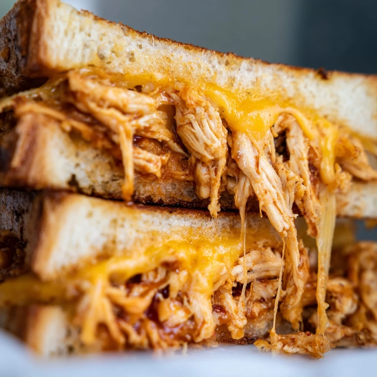 Sliced BBQ chicken grilled cheese featuring tender pulled meat oozing with cheesy goodness on buttery toast