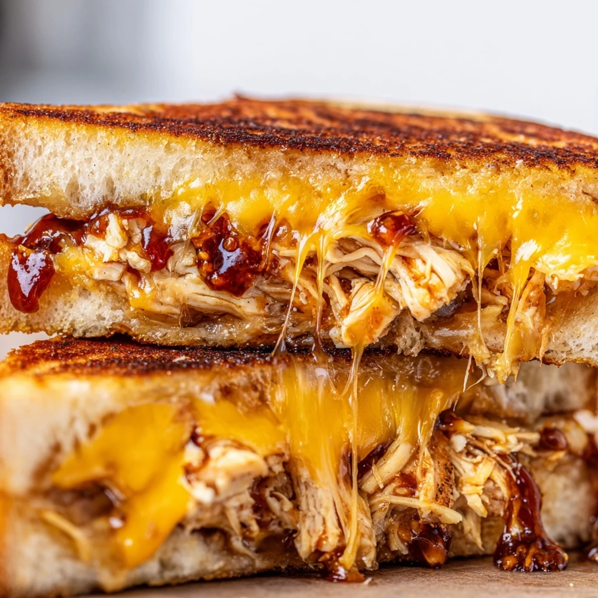 Mouthwatering BBQ chicken grilled cheese stacked high with shredded cheese and served on a white plate