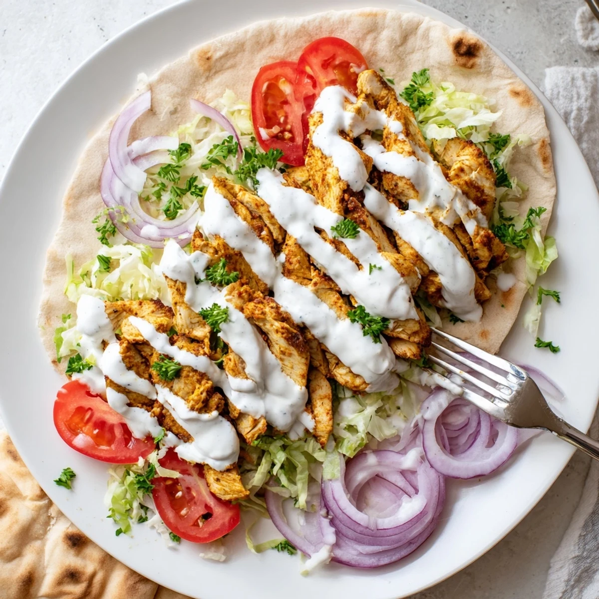 Sliced spiced chicken shawarma arranged in a pita wrap with fresh vegetables and creamy garlic sauce drizzled over top