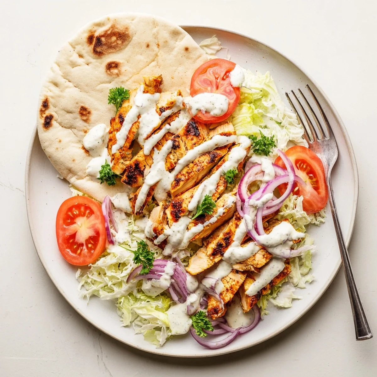 Golden grilled chicken shawarma pieces served on a platter alongside lettuce, tomatoes, and a bowl of zesty garlic dipping sauce