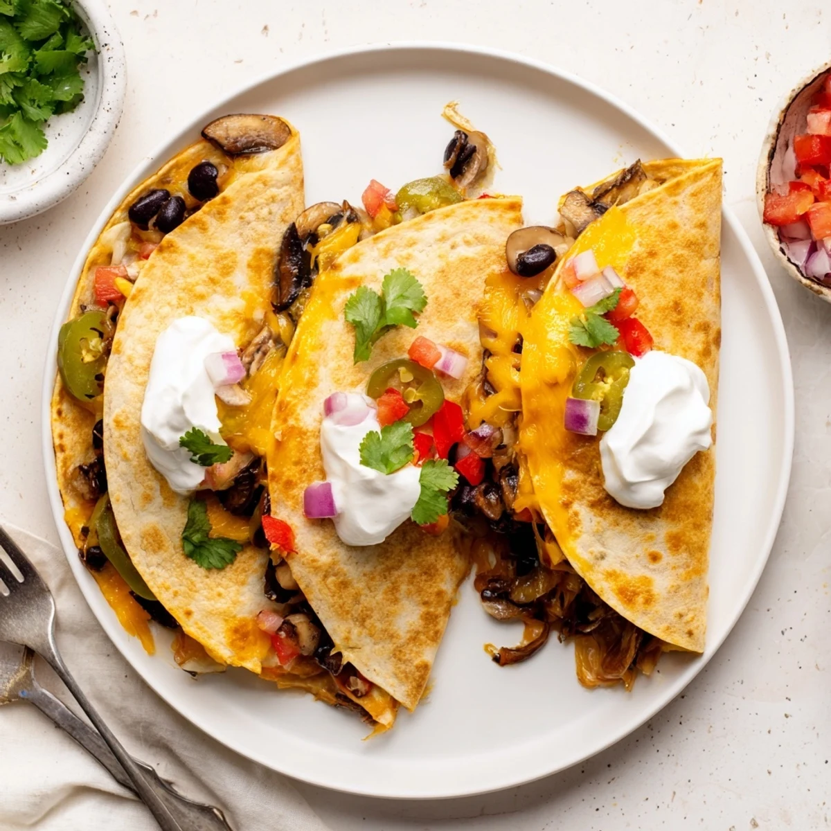Crispy tortilla quesadillas oozing with melted cheese and colorful peppers on a wooden board