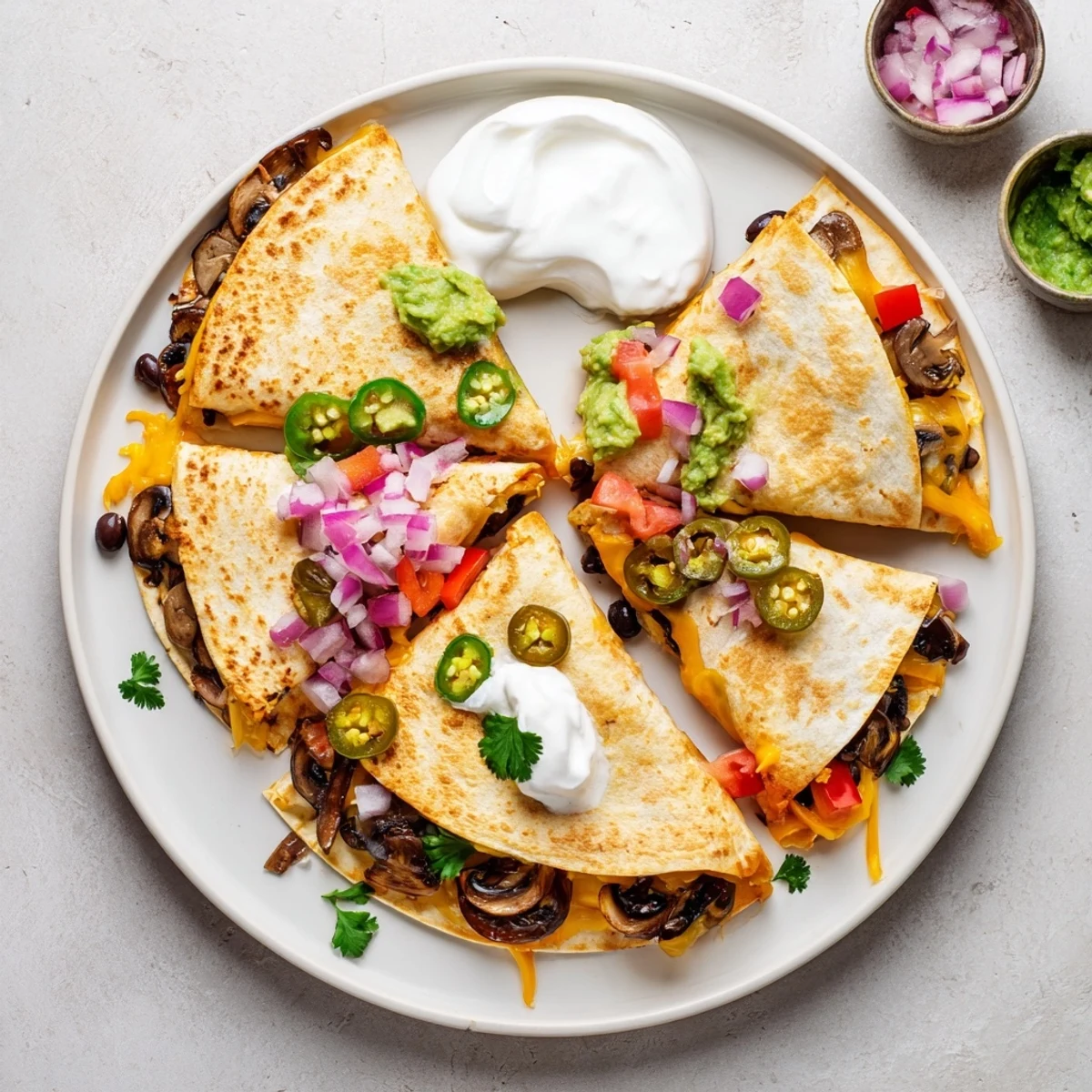 Homemade quesadillas with shredded cheese and sautéed fillings served with sour cream and salsa