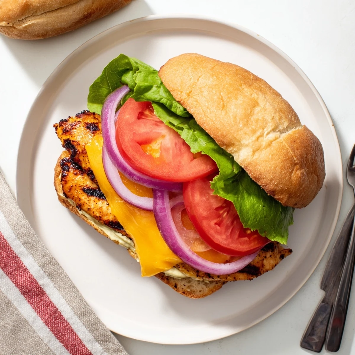 Golden grilled chicken breast sandwich stacked with fresh lettuce tomato and melted cheddar cheese