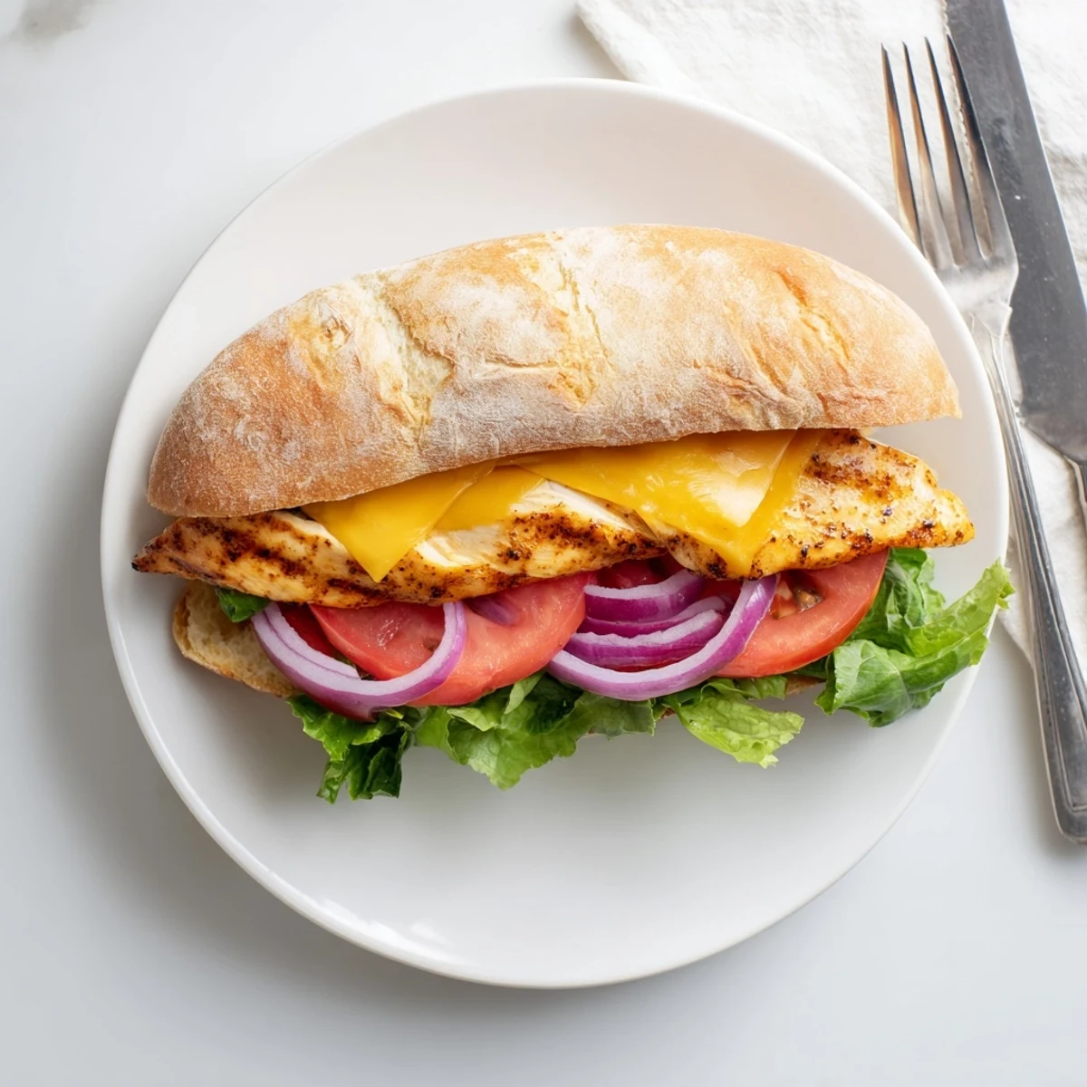 Toasted bun layered with juicy grilled chicken sandwich topped with crisp vegetables and creamy spread