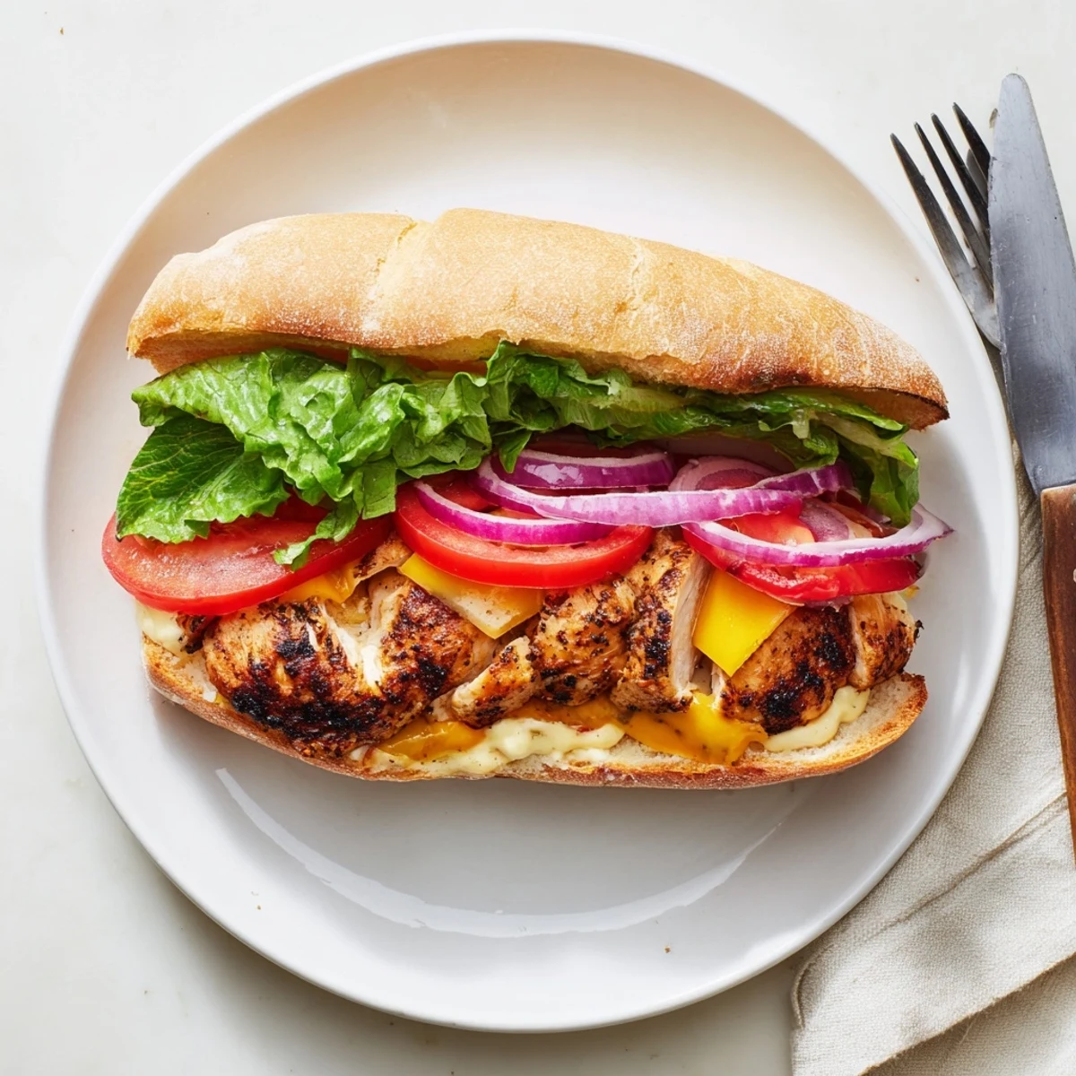Homemade grilled chicken sandwich featuring seasoned chicken breast crisp romaine and red onion slices